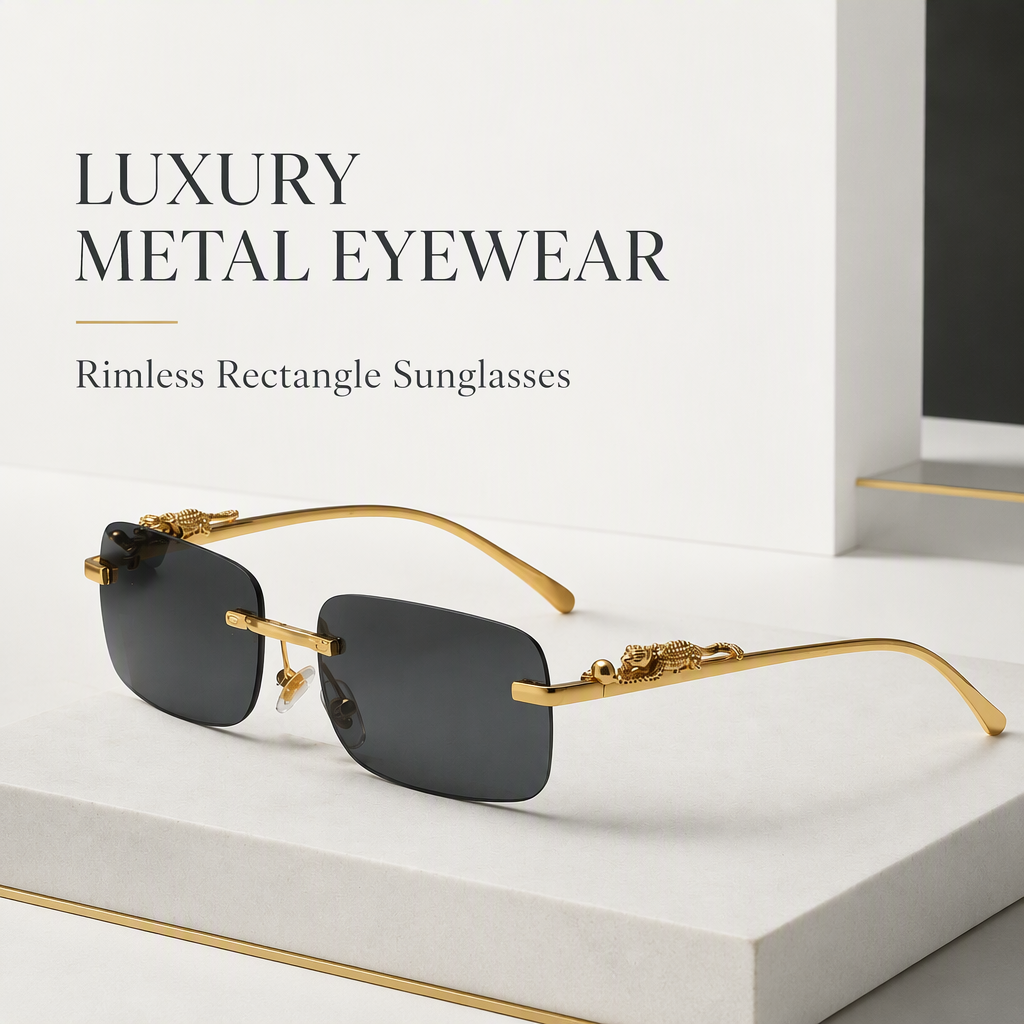 Rimless Rectangle Cut Edge Crouching Leopard Sculpture Metal Temples Luxury Gentleman Business Casual Eyewear Sunglasses Scene 1