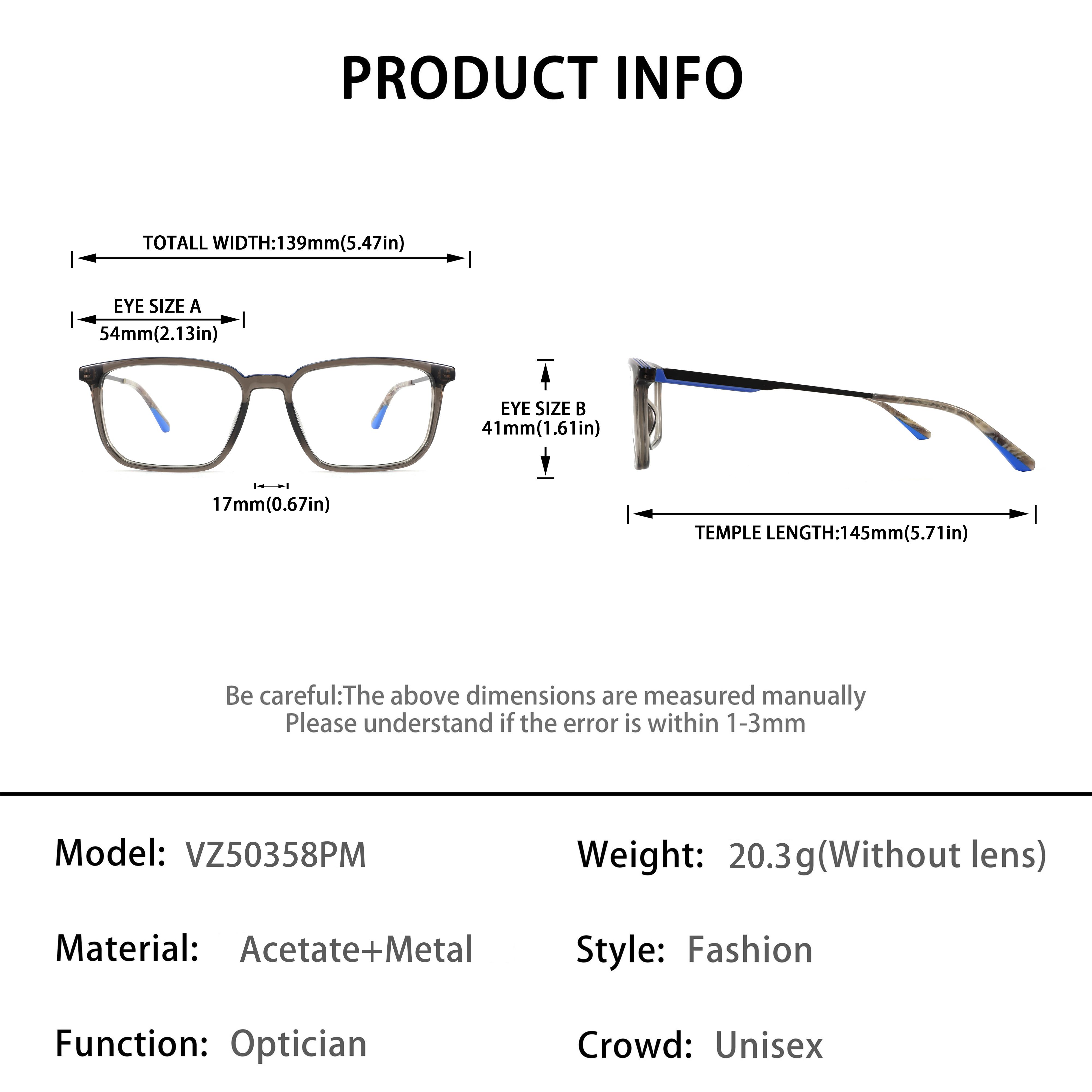 Rectangle Eyeglasses Transparent Grey Acetate With Metal Optical Frames Solid Hinge Trendy Colorful Eyeglasses Frame Unisex