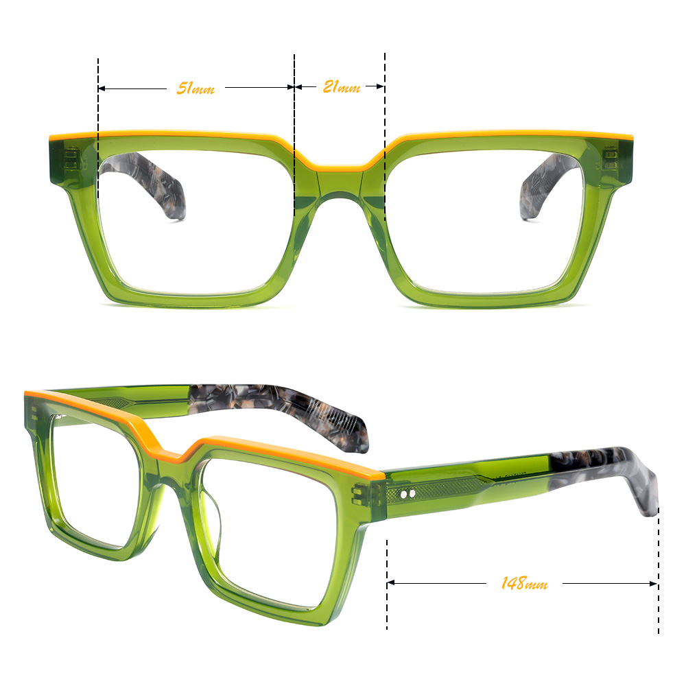 High-End Designer Glasses Lamination Acetate Optical Frame Solid Hinge with Bright Colored Squared Design Feature Unisex