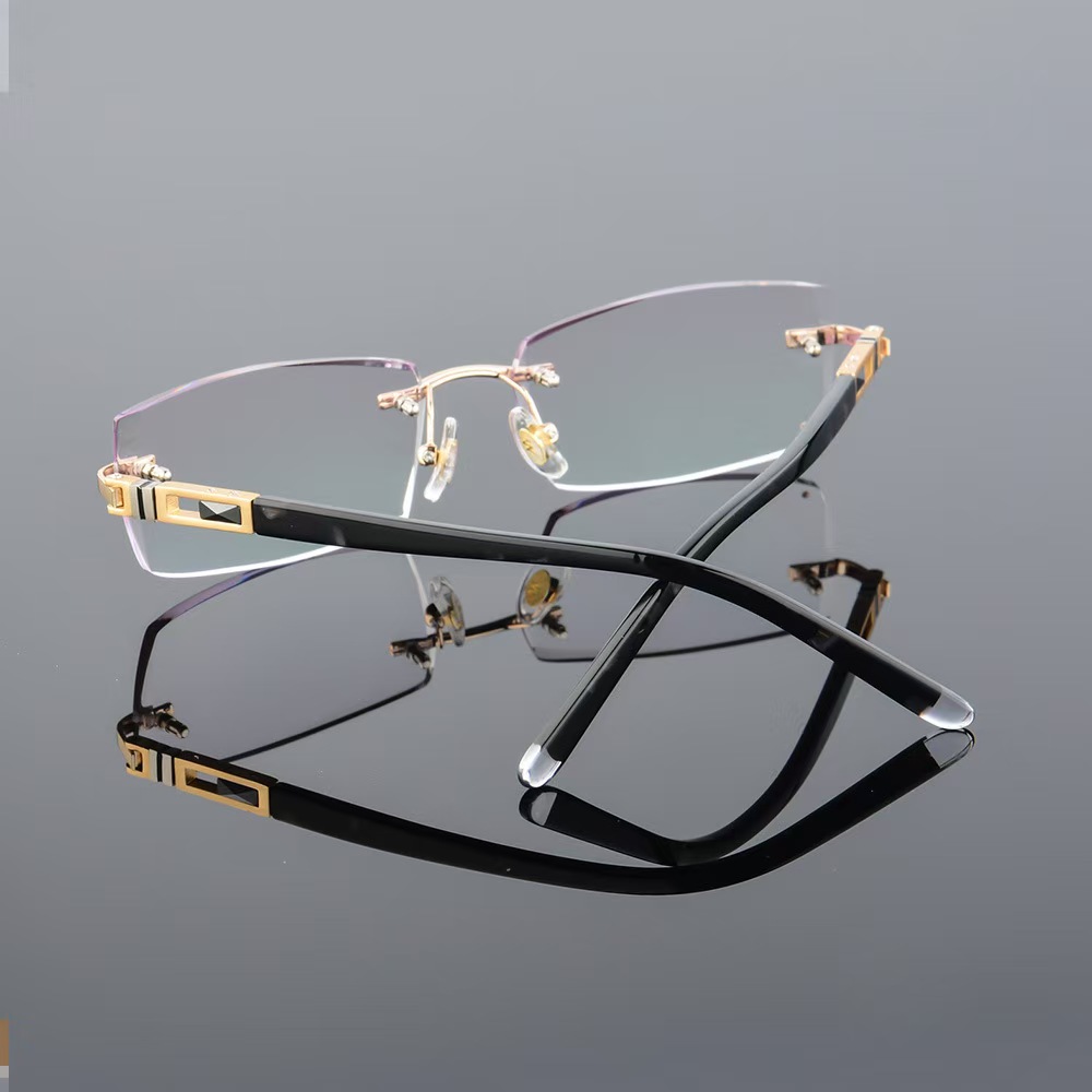 Custom Rectangle Gradient Tint Plano Prescription Optical Frame High-End Alloy Diamond Trimming Rimless Glasses