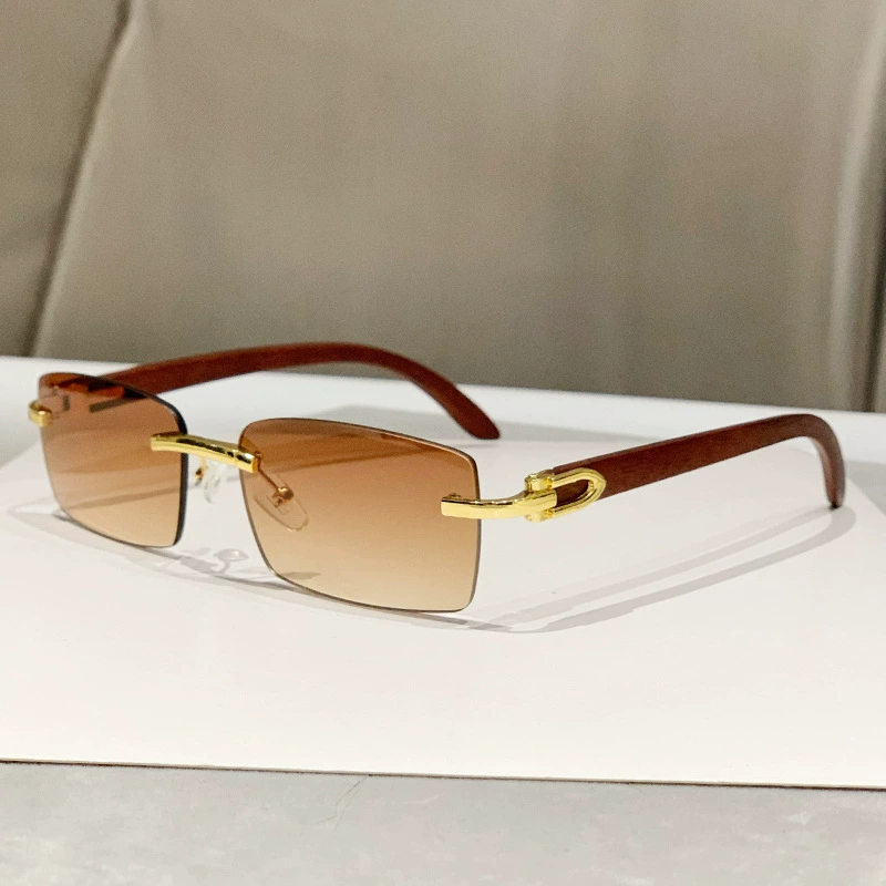 2025 Fashion Rimless Cut Wood Grain Temples Sunglasses Designer Men's Custom Logo Badge High Quality Driving Sun Glasses