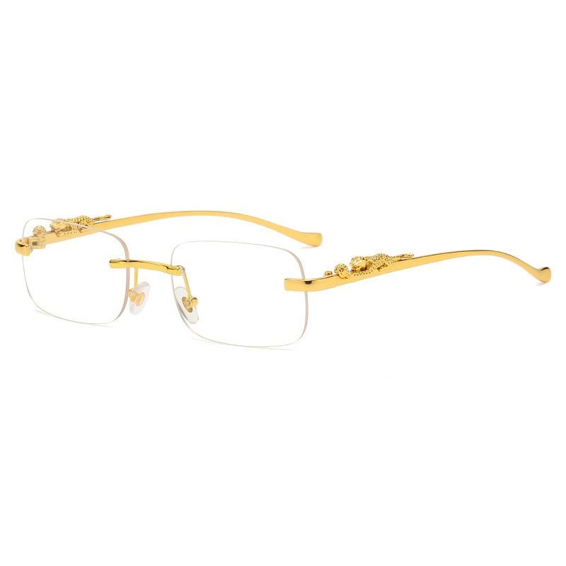 Rimless Rectangle Cut Edge Crouching Leopard Sculpture Metal Temples Luxury Gentleman Business Casual Eyewear Sunglasses