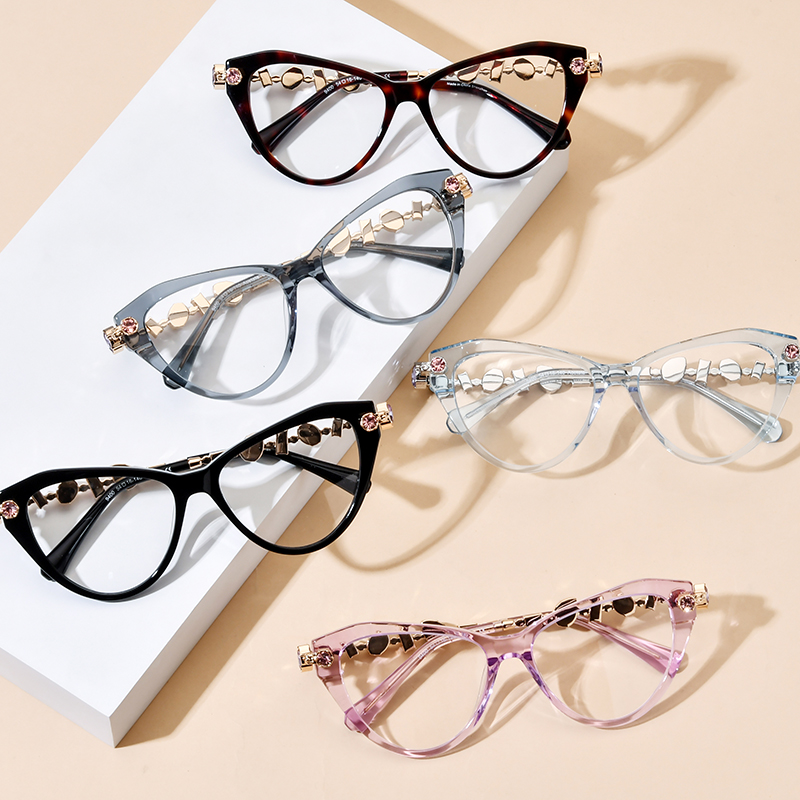 Borregls Acetate Metal Glasses Women 2026 New Luxury Cat Eye Brand Designer Gem Trim Eyeglasses Frame Optical Eyewear 19400