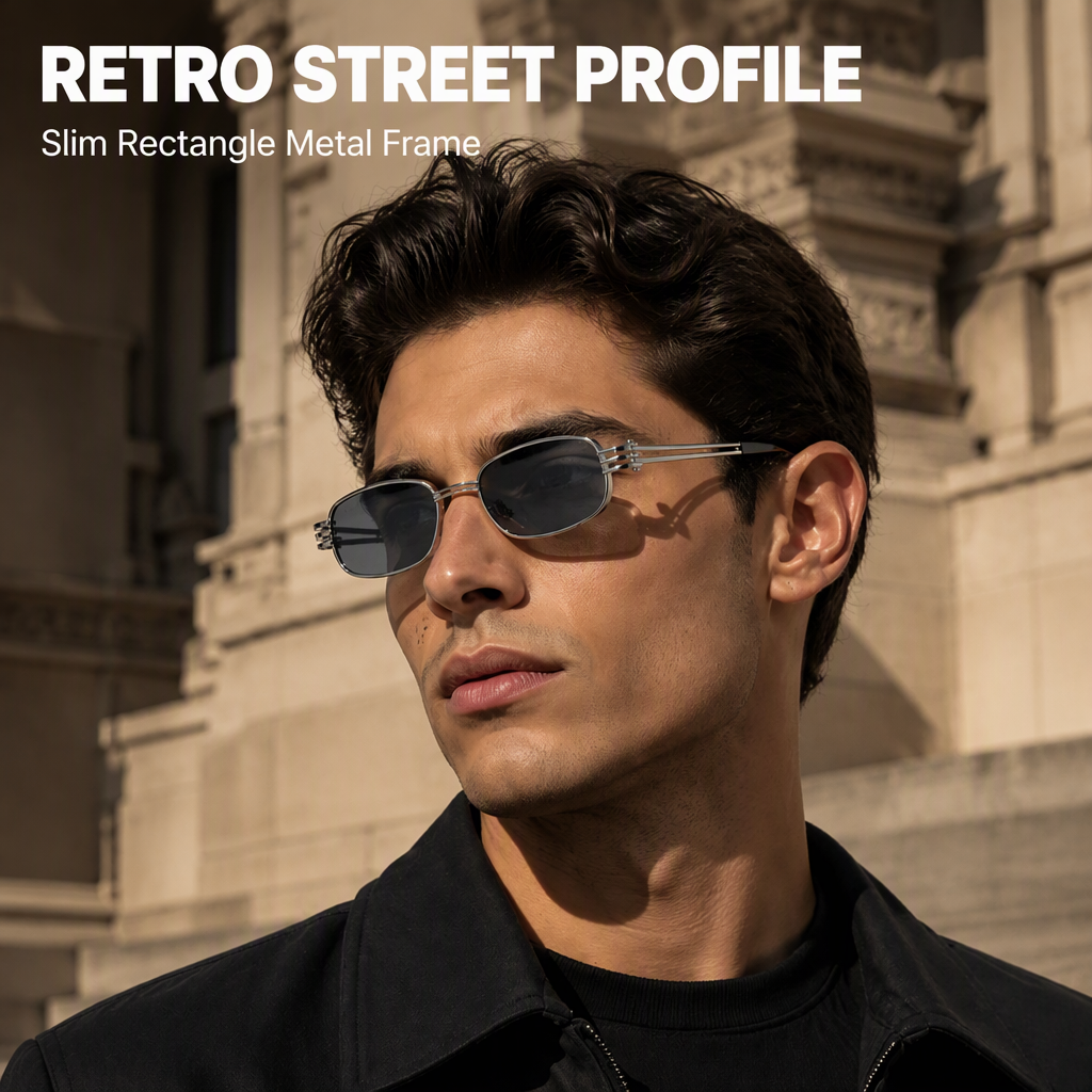 Small Rectangle Slim Metal Frame Textured Temples Vintage Retro Casual Driving Outdoor Streetwear Eyewear Sunglasses