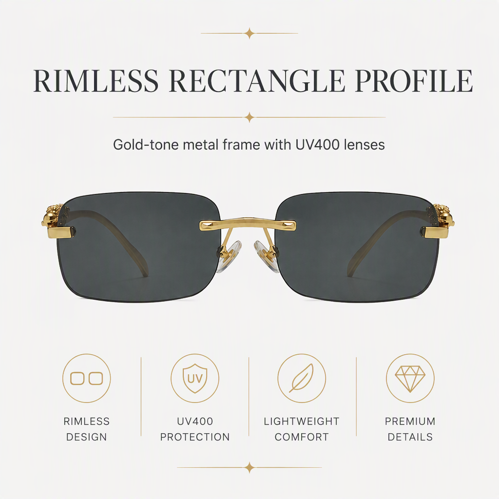 Rimless Rectangle Cut Edge Crouching Leopard Sculpture Metal Temples Luxury Gentleman Business Casual Eyewear Sunglasses Detail 1