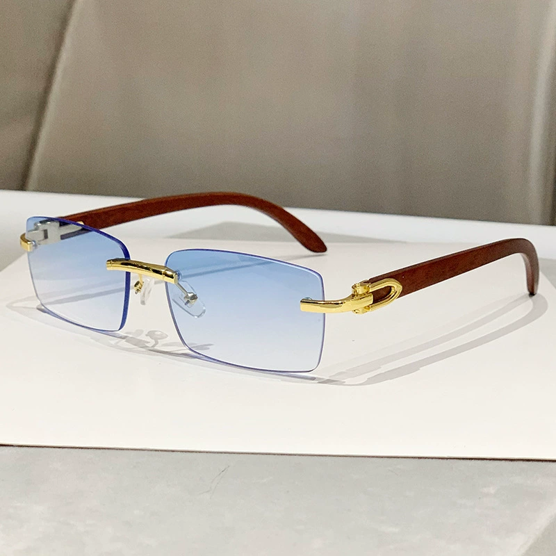 2025 Fashion Rimless Cut Wood Grain Temples Sunglasses Designer Men's Custom Logo Badge High Quality Driving Sun Glasses