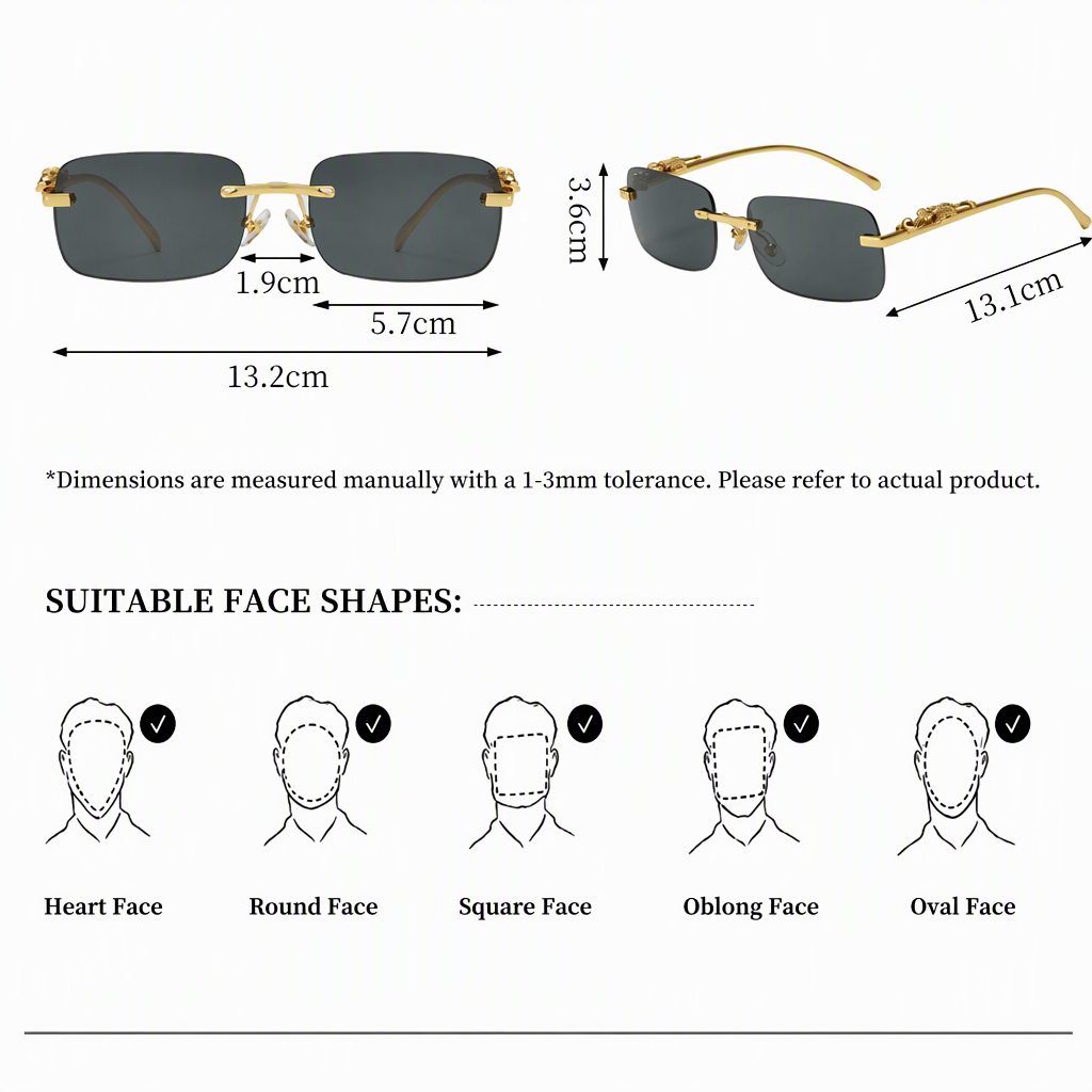 Rimless Rectangle Cut Edge Crouching Leopard Sculpture Metal Temples Luxury Gentleman Business Casual Eyewear Sunglasses Specifications 1