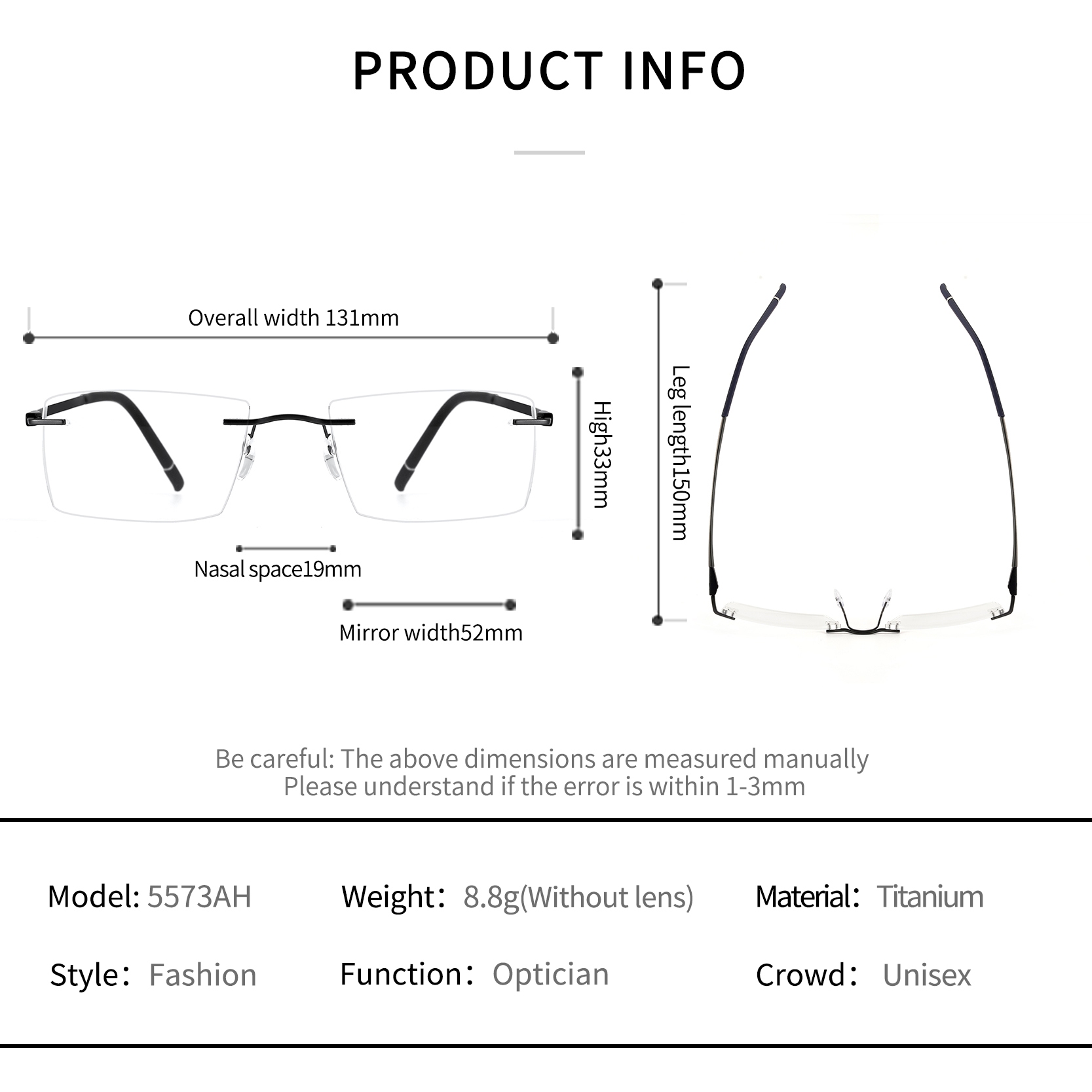 5573AH Rectangle Frameless Titanium Eyeglasses Frames Unisex Rimless Eyewear Spectacles Glasses For Men Women Ready Stock