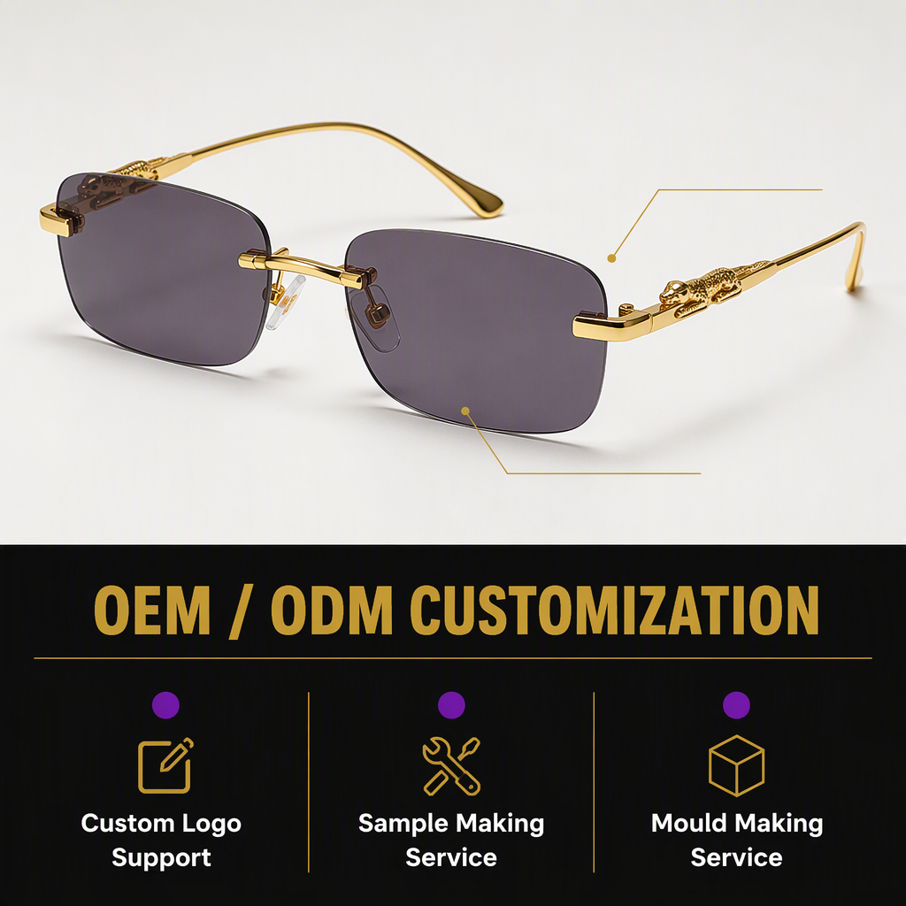 Rimless Rectangle Cut Edge Crouching Leopard Sculpture Metal Temples Luxury Gentleman Business Casual Eyewear Sunglasses Customization Capabilities