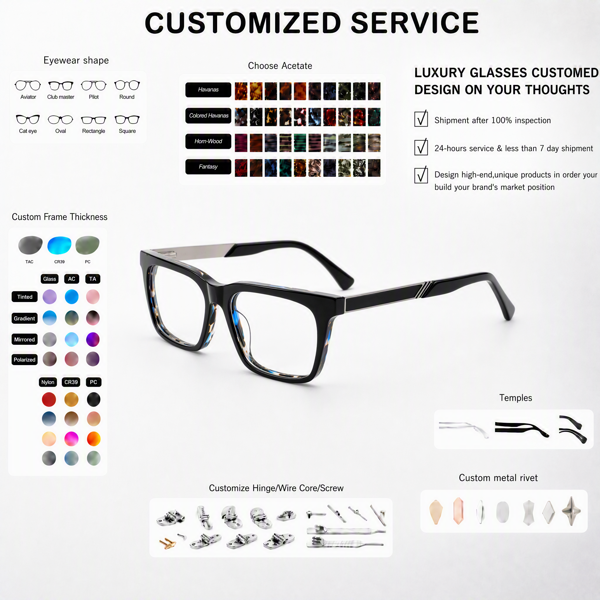 Customization High-end Handcrafted Acetate Optical Glasses Durable Rectangle Eyeglasses Frame Comfortable For Daily Wear OEM/ODM