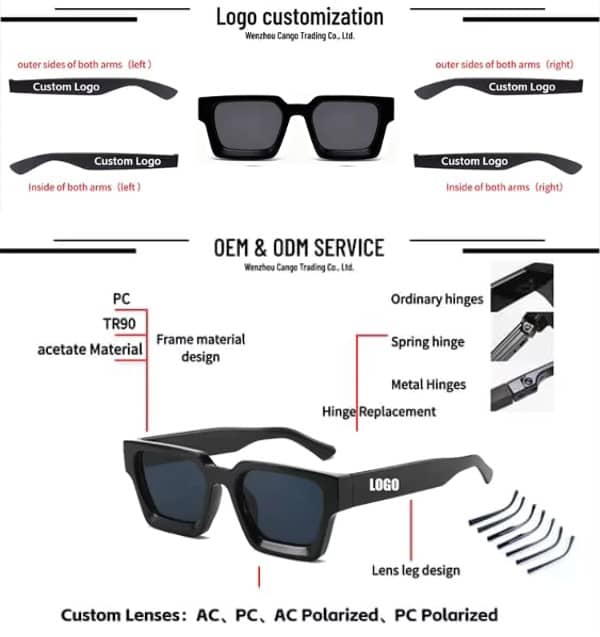Custom Sunglasses Manufacturer OEM ODM Low MOQ 10 Pairs Logo Printing UV400 Mens Womens Wholesale