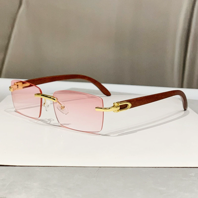 2025 Fashion Rimless Cut Wood Grain Temples Sunglasses Designer Men's Custom Logo Badge High Quality Driving Sun Glasses