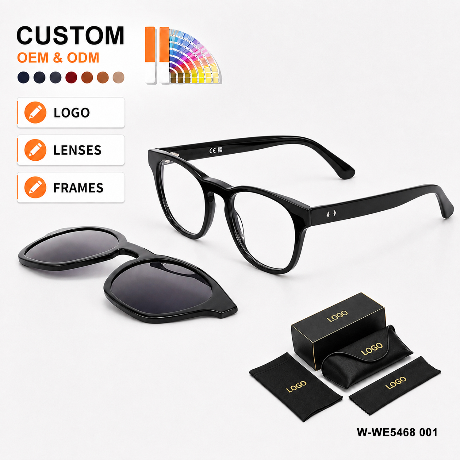 Unisex Classic Round Eyeglasses, Solid Frame Magnetic Clip-On System Ergonomic Temple Tips Bulk Order OEM ODM Sunglasses