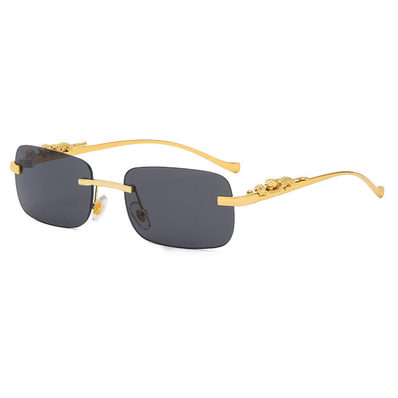 Rimless Rectangle Cut Edge Crouching Leopard Sculpture Metal Temples Luxury Gentleman Business Casual Eyewear Sunglasses