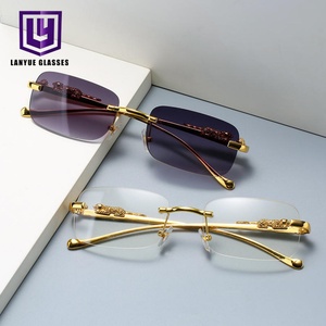 Rimless Rectangle Cut Edge Crouching Leopard Sculpture Metal Temples Luxury Gentleman Business Casual Eyewear Sunglasses