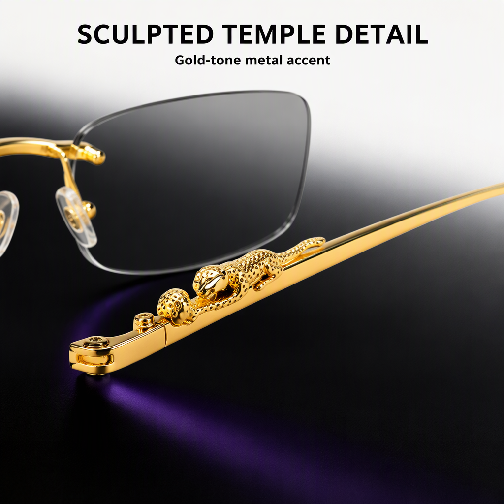 Rimless Rectangle Cut Edge Crouching Leopard Sculpture Metal Temples Luxury Gentleman Business Casual Eyewear Sunglasses Detail 2