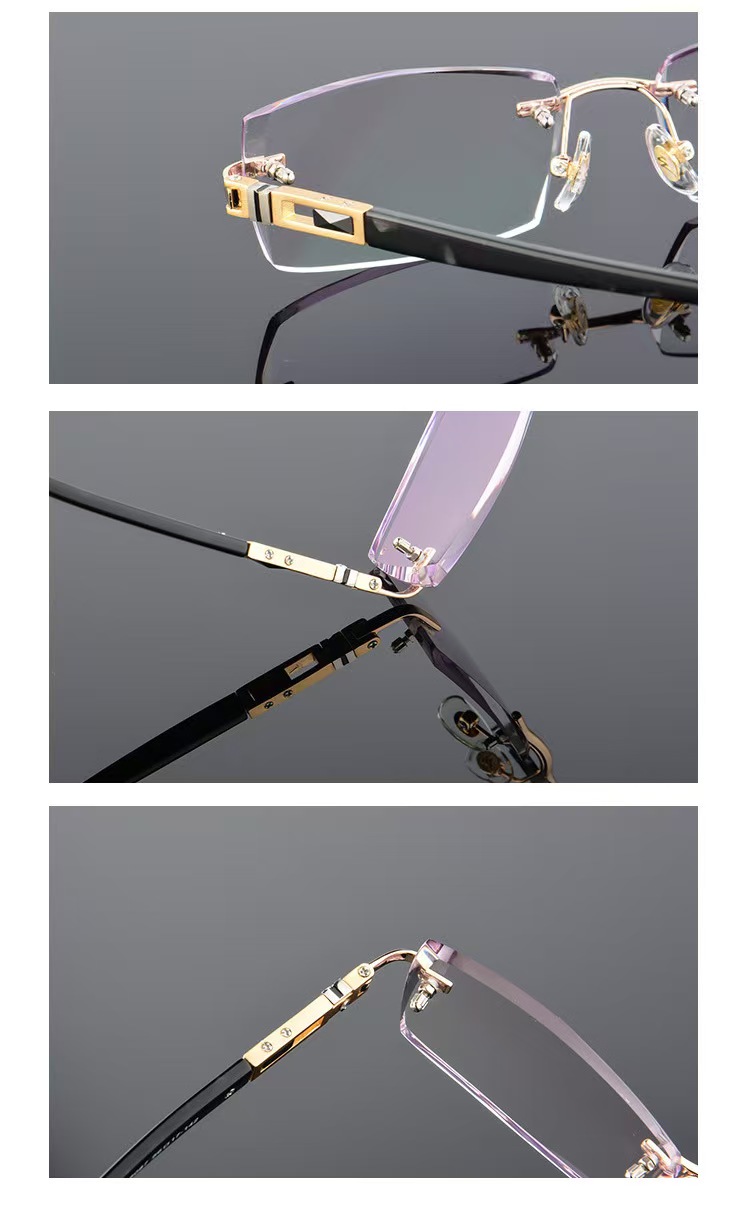 Custom Rectangle Gradient Tint Plano Prescription Optical Frame High-End Alloy Diamond Trimming Rimless Glasses
