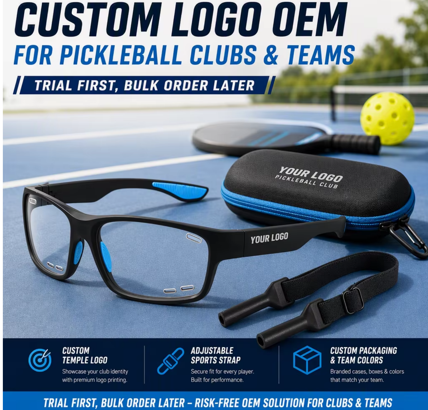 Club Trial Pickleball Glasses Clear Photochromic Lens Sports Eyewear Low MOQ Custom Logo OEM for Teams