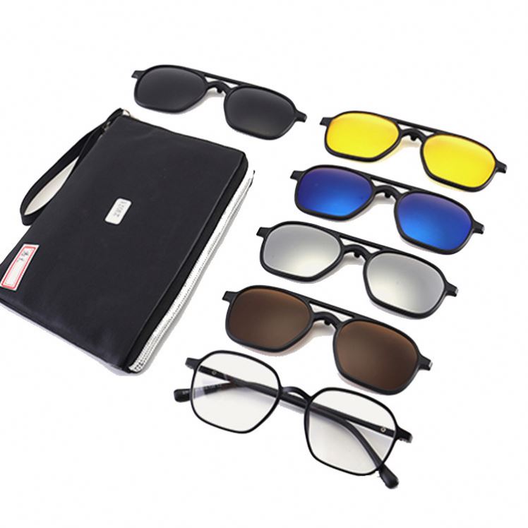 Magnet 5 in 1 Clip on Sun Glasses Brown TAC Polarized Gray Lens Spectacles Optical Frame Interchangeable Magnetic Eyeglass