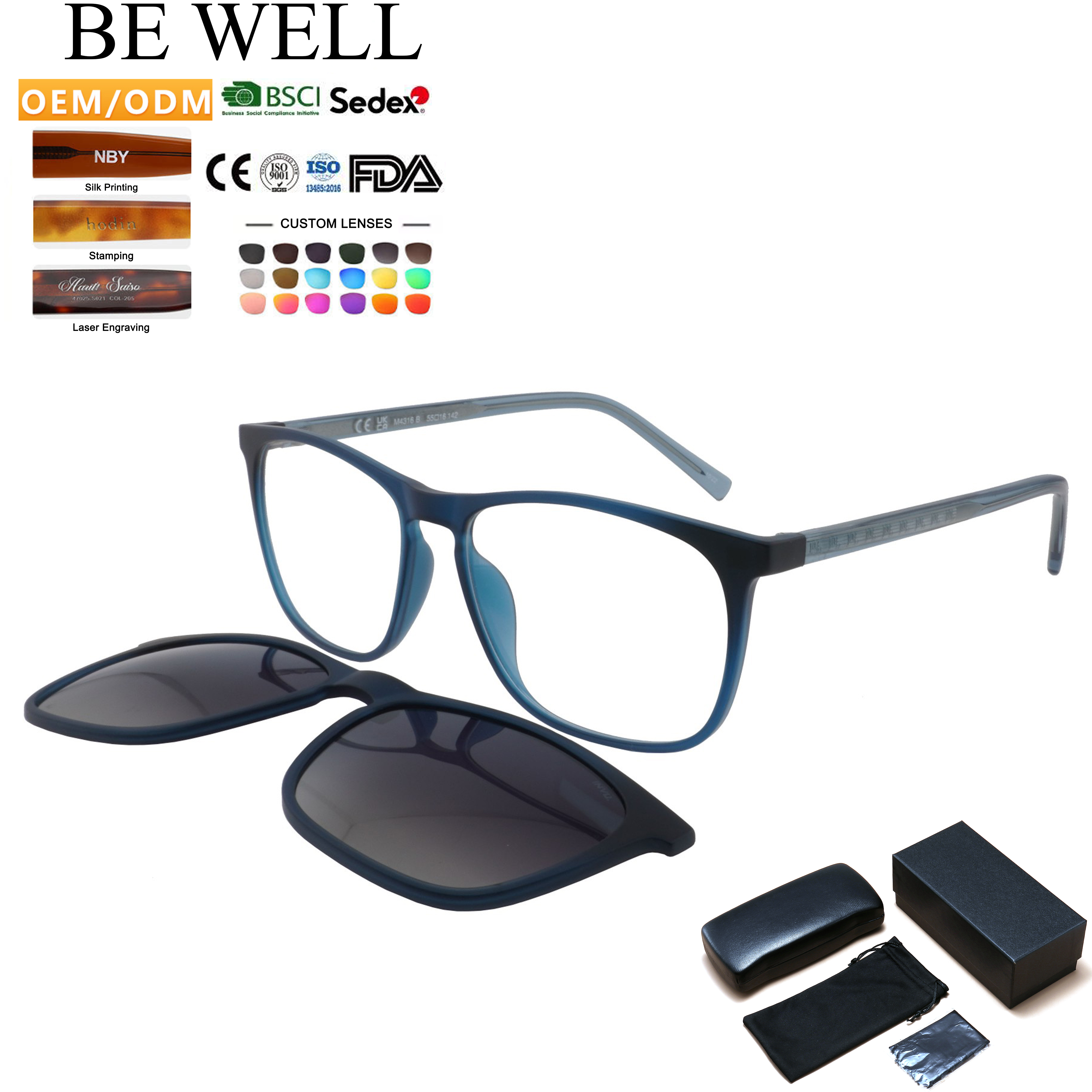 TR90 Optical Frame Clip-On Sunglasses Magnetic Eyewear Magnifying Optical Frame with Clip on Glasses
