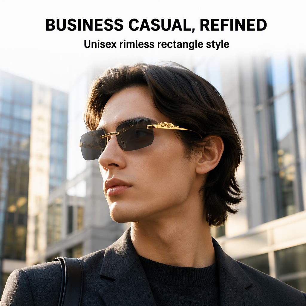 Rimless Rectangle Cut Edge Crouching Leopard Sculpture Metal Temples Luxury Gentleman Business Casual Eyewear Sunglasses Scene 2