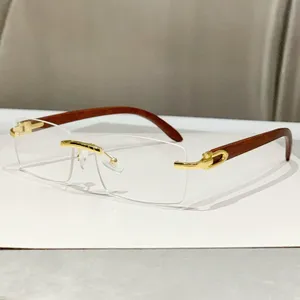 2025 Fashion Rimless Cut Wood Grain Temples Sunglasses Designer Men's Custom Logo Badge High Quality Driving Sun Glasses