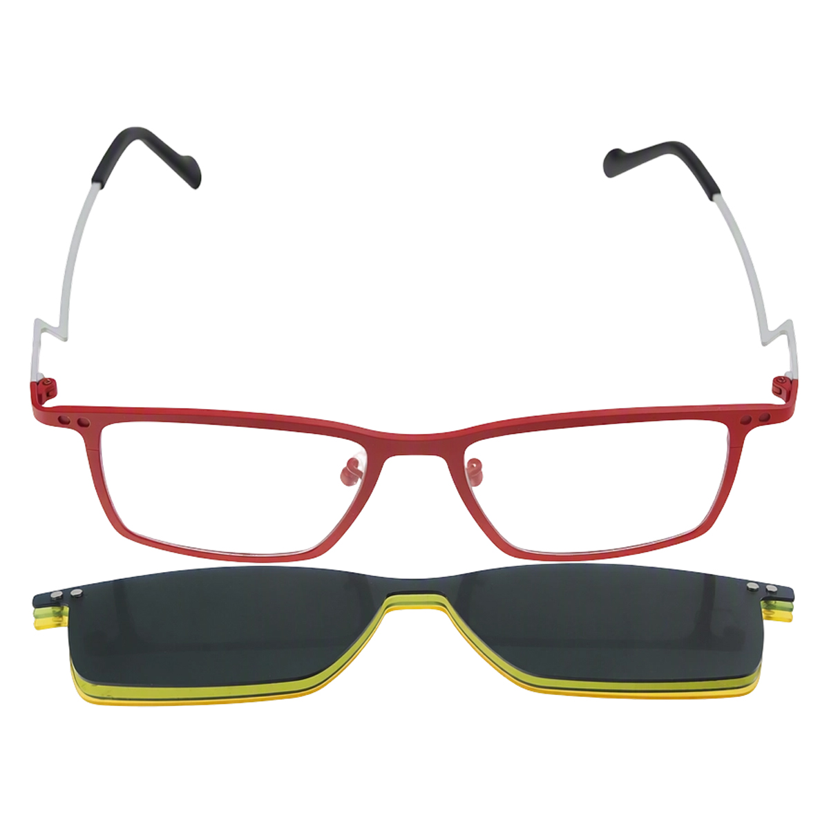 Red Slim Eyeglass Frame Layered Clip on Sunglasses Colorful Lens Options Silver Temples Fashion Eyewear Boutique Wholesale