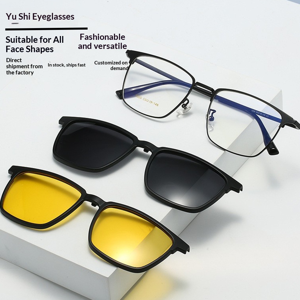 2-in-1 Nylon Polarized Combo Glasses, Ultra Light Square Magnetic Clip on Eyeglasses Frame for Men Women