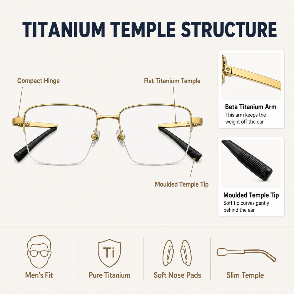 Ultralight Beta Titanium Half-Frame Eyewear for Business Men Anti Blue Light Glasses.