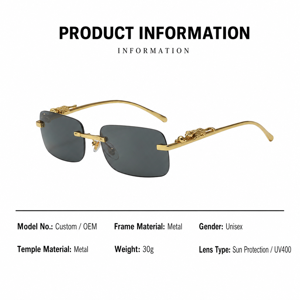 Rimless Rectangle Cut Edge Crouching Leopard Sculpture Metal Temples Luxury Gentleman Business Casual Eyewear Sunglasses Specifications 2