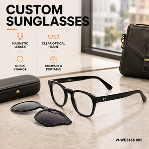 Unisex Classic Round Eyeglasses, Solid Frame Magnetic Clip-On System Ergonomic Temple Tips Bulk Order OEM ODM Sunglasses