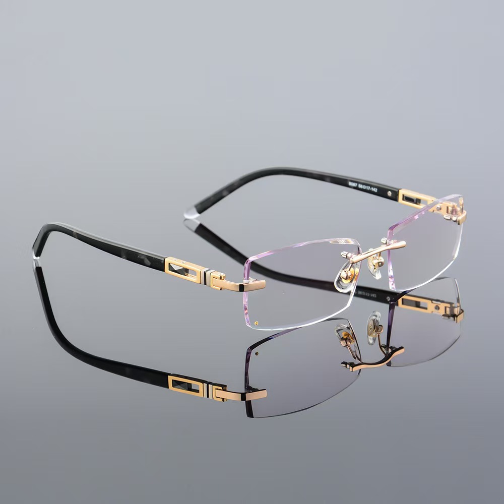 Custom Rectangle Gradient Tint Plano Prescription Optical Frame High-End Alloy Diamond Trimming Rimless Glasses