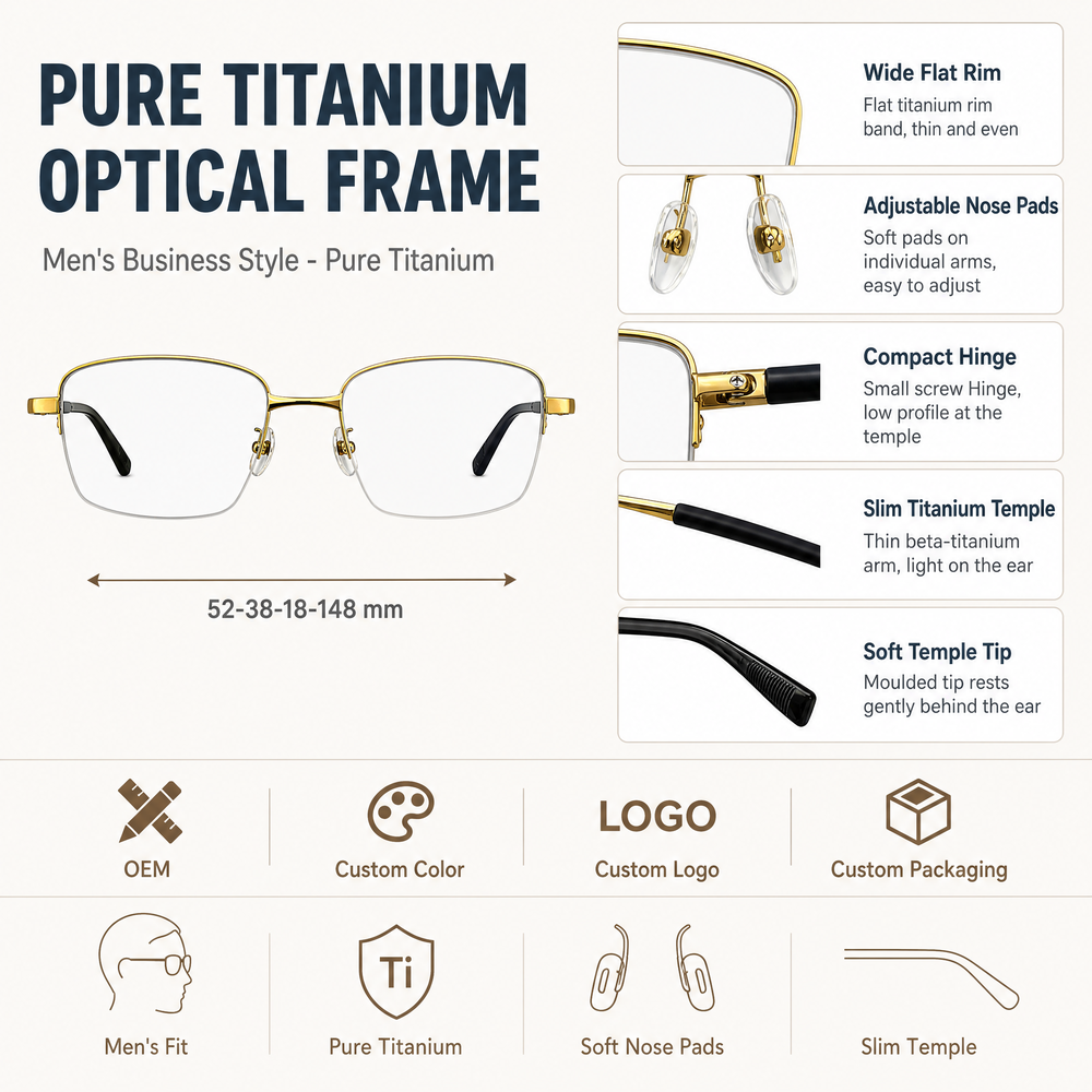 Ultralight Beta Titanium Half-Frame Eyewear for Business Men Anti Blue Light Glasses.
