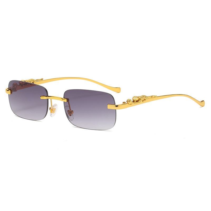Rimless Rectangle Cut Edge Crouching Leopard Sculpture Metal Temples Luxury Gentleman Business Casual Eyewear Sunglasses